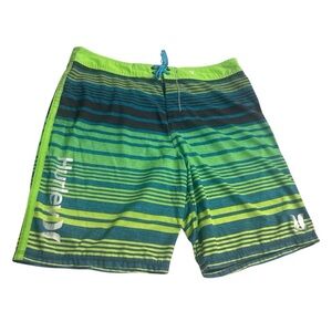 Hurley Men’s Board Shorts Size 38 Green Blue Stripe Drawstring Surf Swim